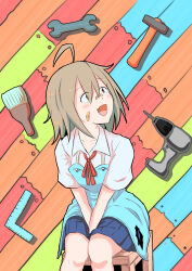 Rule 34 | 1girl, absurdres, ahoge, apron, bandaid, bandaid on cheek, bandaid on face, bandaid on nose, between legs, blue apron, blue skirt, commentary, do it yourself!!, dress shirt, fang, grey hair, hammer, hand between legs, highres, leaning forward, looking to the side, medium hair, medium skirt, neck ribbon, open mouth, paintbrush, pleated skirt, power drill, red eyes, red ribbon, ribbon, school uniform, shironekonokiki, shirt, sitting, skin fang, skirt, smile, solo, v arms, white shirt, wing collar, wrench, yua serufu
