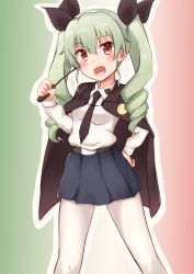 Rule 34 | 10s, 1girl, absurdres, anchovy (girls und panzer), bad id, bad pixiv id, belt, black necktie, black ribbon, black skirt, cape, cowboy shot, dress shirt, drill hair, flag background, girls und panzer, green hair, hair ribbon, hand on own hip, highres, holding, holding riding crop, italian flag, kapatarou, long hair, long sleeves, looking at viewer, miniskirt, necktie, open mouth, pantyhose, pleated skirt, red eyes, ribbon, riding crop, school uniform, shirt, skirt, smile, solo, standing, twin drills, twintails, white pantyhose, white shirt