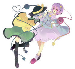 Rule 34 | 2girls, black footwear, black hat, blue eyes, bobby socks, boots, bow, cross-laced footwear, eyeball, finger to mouth, frilled shirt collar, frilled skirt, frilled sleeves, frills, full body, hat, hat bow, heart, heart-shaped pupils, komeiji koishi, komeiji satori, lace-up boots, long sleeves, multiple girls, oota minoru, over-kneehighs, parted lips, pink eyes, pink hair, shaded face, short hair, siblings, silver hair, sisters, skirt, slippers, smile, socks, symbol-shaped pupils, thighhighs, third eye, touhou, white legwear, wide sleeves, yellow bow