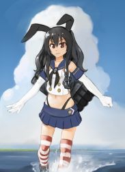 Rule 34 | 1girl, animal ears, black hair, cloud, cosplay, crossover, day, elbow gloves, gloves, kantai collection, long hair, neptune (series), ocean, rabbit ears, red eyes, shimakaze (kancolle), shimakaze (kancolle) (cosplay), skirt, sky, solo, source request, striped clothes, striped thighhighs, thighhighs, uni (neptunia), waves