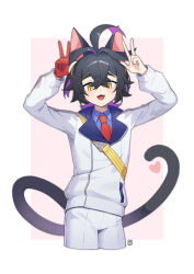 Rule 34 | 1boy, :d, animal ears, arms up, black hair, blue shirt, border, buckle, collared shirt, colored inner hair, commentary request, creatures (company), crossed bangs, double w, fangs, game freak, hair between eyes, heart, highres, jacket, kieran (pokemon), korean commentary, male focus, medium hair, mongguri, multicolored hair, necktie, nintendo, open mouth, pokemon, pokemon sv, red necktie, shirt, shorts, smile, solo, strap, tail, tongue, w, white border, white jacket, white shorts, yellow eyes