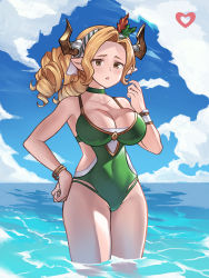 Rule 34 | 1girl, :o, absurdres, blonde hair, blue sky, blush, bracelet, breasts, brown eyes, casual one-piece swimsuit, choker, cleavage, collarbone, covered navel, cowboy shot, day, draph, drill hair, granblue fantasy, green choker, green one-piece swimsuit, hairband, hand on own hip, hand up, heart, highres, horizon, horns, iiros, jewelry, large breasts, long hair, looking at viewer, maria theresa (granblue fantasy), ocean, one-piece swimsuit, open mouth, outdoors, sky, solo, swimsuit, wading, water