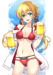 Rule 34 | 10s, 1girl, alcohol, anchor hair ornament, bad id, bad pixiv id, beer, beer mug, bikini, blonde hair, breasts, cameltoe, cleavage, collarbone, contrapposto, cowboy shot, cup, dual wielding, green eyes, groin, hair ornament, highres, holding, jacket, kantai collection, layered bikini, looking at viewer, mug, multi-strapped bikini bottom, multi-strapped bikini top, navel, off shoulder, open clothes, open jacket, open mouth, prinz eugen (kancolle), red bikini, shirokuma a, sky, solo, standing, swimsuit, twintails, underboob