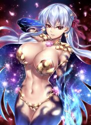 Rule 34 | 1girl, arm behind head, armor, bad id, bad twitter id, bare shoulders, bikini armor, black thighhighs, blurry, blush, bokeh, breasts, choker, cleavage, cowboy shot, depth of field, detached sleeves, double exposure, dress, earrings, elbow gloves, fate/grand order, fate (series), floating hair, glint, gloves, gold, hair between eyes, hair ribbon, highleg, highres, jewelry, kama (fate), kama (third ascension) (fate), large breasts, light particles, long hair, looking at viewer, nasaniliu, navel, open mouth, parted lips, purple dress, red eyes, red ribbon, revealing clothes, ribbon, silver hair, smile, solo, sparkle, sweat, thighhighs, very long hair