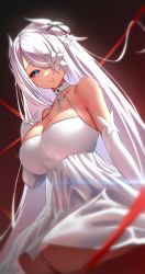 Rule 34 | 1girl, :o, anima (togashi), azur lane, bare shoulders, blue eyes, blurry, blush, breasts, cleavage, cross, depth of field, dress, dutch angle, elbow gloves, emden (azur lane), flower, gloves, gradient background, hair over one eye, halter dress, halterneck, hand on own chest, highres, horns, large breasts, long hair, looking at viewer, parted lips, red background, solo, very long hair, white dress, white flower, white gloves, white hair