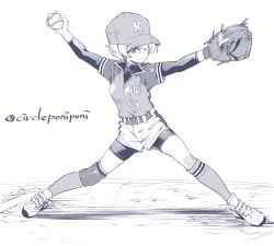 Rule 34 | 1girl, absurdres, arm up, ball, baseball cap, baseball glove, belt, bike shorts, bike shorts under shorts, closed mouth, commentary request, emblem, frown, girls und panzer, greyscale, hat, highres, holding, holding ball, inoue yoshihisa, knee pads, layered sleeves, long sleeves, looking to the side, monochrome, partial commentary, pitcher (container), pitching, purple theme, shirt, shoes, short hair, short over long sleeves, short sleeves, shorts, socks, softball, softball uniform, solo, sportswear, standing, twitter username, youko (girls und panzer)