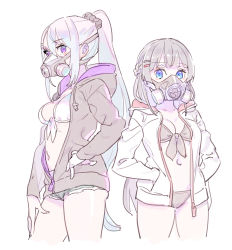 Rule 34 | 2girls, bikini, black bikini, blue eyes, braid, breasts, commentary request, contrapposto, cowboy shot, enkyo yuuichirou, french braid, gas mask, grey hair, grey shorts, hair ornament, hair scrunchie, hairclip, hand on own hip, hands in pockets, height difference, highres, higuchi kaede, hood, hood down, hooded jacket, jacket, long hair, long sleeves, looking at viewer, mask, medium breasts, multiple girls, navel, nijisanji, open clothes, open jacket, ponytail, purple eyes, scrunchie, short shorts, shorts, simple background, standing, swimsuit, tsukino mito, unzipped, very long hair, virtual youtuber, white background, white bikini, white hair
