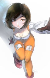 Rule 34 | 1girl, black hair, blush, bodysuit, breasts, brown eyes, brown hair, final fantasy, final fantasy ix, garnet til alexandros xvii, highres, jewelry, latex, latex bodysuit, looking at viewer, medium breasts, necklace, orange bodysuit, outstretched hand, shiny clothes, short hair, sitting, skin tight, smile, solo, vinetsu, white background