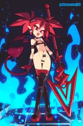 Rule 34 | 1girl, absurdres, bar censor, bare shoulders, black footwear, black gloves, blue fire, boots, bottomless, breasts, censored, collar, commentary, crossed legs, demon girl, demon tail, demon wings, disgaea, earrings, elder spear, etna (disgaea), fire, full body, futanari, gloves, high heel boots, high heels, highres, jewelry, looking at viewer, makai senki disgaea, penis, planted, pointy ears, polearm, red eyes, red hair, red thighhighs, rtil, skull earrings, small breasts, solo, spear, standing, tail, testicles, thigh boots, thigh gap, thighhighs, thighhighs under boots, twintails, watson cross, weapon, wings