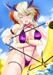 Rule 34 | 2girls, alternate costume, artoria pendragon (fate), artoria pendragon (lancer alter) (fate), blonde hair, blush, braid, grabbing another&#039;s breast, breasts, commentary request, fate/grand order, fate (series), french braid, fujimaru ritsuka (female), grabbing, grabbing from behind, groping, inflatable toy, large breasts, multiple girls, one-piece swimsuit, one eye closed, open mouth, orange hair, purple one-piece swimsuit, riding, shibata rai, sidelocks, slingshot swimsuit, solo focus, sweat, swimsuit, yellow eyes, yuri