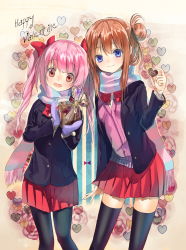 Rule 34 | 2girls, :d, bad id, bad pixiv id, black legwear, blazer, blue eyes, bow, brown hair, candy, cardigan, chocolate, chocolate heart, food, gloves, happy valentine, hayama eishi, heart, holding, jacket, long hair, looking at viewer, multiple girls, open mouth, original, pantyhose, pink hair, red eyes, scarf, school uniform, skirt, smile, striped clothes, striped scarf, thighhighs, twintails, valentine