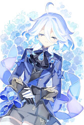 Rule 34 | 1girl, asymmetrical gloves, black gloves, black shirt, black shorts, blue coat, blue flower, blue hair, brooch, closed eyes, coat, cowlick, cyenmi3, floral background, flower, furina (genshin impact), genshin impact, gloves, hands on own chest, highres, jewelry, light blue hair, long sleeves, lying, mismatched gloves, multicolored hair, on back, shirt, short hair, shorts, simple background, solo, streaked hair, tailcoat, thigh strap, white background, white gloves, white hair