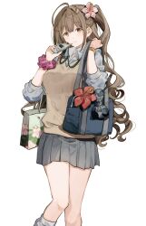Rule 34 | 1girl, ahoge, bag, blue bag, bow, breasts, brown eyes, brown hair, brown sweater vest, cellphone, check flower, closed mouth, collared shirt, double-parted bangs, feet out of frame, floral print, flower, gold bracelet, grey bow, grey shirt, grey skirt, gyaru, hair flower, hair ornament, hands up, hibiscus, highres, holding, holding phone, holding strap, idolmaster, idolmaster shiny colors, kuwayama chiyuki, lanyard, large breasts, light smile, long hair, looking at viewer, migolu, miniskirt, multicolored bow, one side up, open collar, phone, pink flower, pink scrunchie, pleated skirt, red flower, school bag, scrunchie, shirt, shoulder bag, sidelocks, simple background, skirt, sleeves past elbows, sleeves pushed up, socks, solo, standing, sweater vest, thick eyelashes, thighs, v-neck, very long hair, white background, white socks, wrist scrunchie