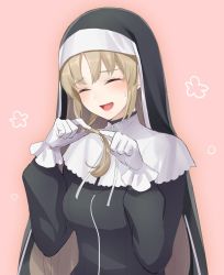 Rule 34 | 1girl, bad id, bad twitter id, blush, breasts, brown hair, closed eyes, facing viewer, gloves, habit, medium breasts, nijisanji, nun, open mouth, pantsu majirou, pink background, simple background, sister claire, sister claire (1st costume), smile, solo, traditional nun, upper body, virtual youtuber, white gloves