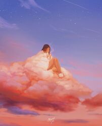 Rule 34 | 1girl, artist name, cloud, coat, coffee, commentary, cup, dark-skinned female, dark skin, english commentary, fur coat, fur footwear, highres, holding, holding cup, lips, maxine vee, night, night sky, on cloud, original, outdoors, sitting, sky, slippers, solo, star (sky), starry sky, steam, white coat, white footwear
