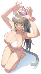 Rule 34 | 1girl, absurdres, animal ear fluff, animal ears, arms up, arukiru, bare arms, barefoot, bikini, blonde hair, breasts, cat ears, cat girl, cat tail, commentary request, grey hair, hair ribbon, heart, heart hands, highres, kneehighs, large breasts, long hair, open mouth, original, ribbon, sidelocks, simple background, smile, socks, solo, swimsuit, tail, toes, white background, white bikini