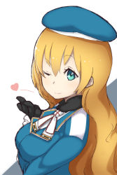 Rule 34 | 10s, 1girl, atago (kancolle), beret, blonde hair, blue eyes, breast hold, breasts, gloves, hat, heart, kantai collection, long hair, mku, one eye closed, solo, upper body, white background