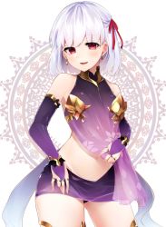 Rule 34 | 1girl, :d, bare shoulders, breasts, bridal gauntlets, commentary request, cowboy shot, dress, earrings, fate/grand order, fate (series), groin, hair ribbon, highres, jewelry, kama (fate), kama (first ascension) (fate), koruta (nekoimo), looking at viewer, open mouth, purple dress, purple skirt, red eyes, red ribbon, ribbon, silver hair, skirt, sleeveless, sleeveless dress, small breasts, smile, solo, white background