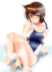 Rule 34 | 1girl, alternate costume, blush, breasts, brown eyes, brown hair, closed mouth, competition swimsuit, hachimaki, hair between eyes, hair flaps, hairband, hatsuzuki (kancolle), headband, highres, kantai collection, kiko (okuwae), large breasts, looking at viewer, one-piece swimsuit, short hair, sitting, solo, steam, swimsuit, thighs