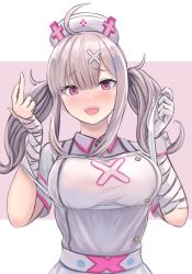 Rule 34 | 1girl, :d, ahoge, apron, bandages, bandaged arm, bandages, breasts, enumiyaa, gloves, grey hair, hands up, hat, highres, large breasts, long hair, looking at viewer, mole, mole under eye, nijisanji, nurse cap, open mouth, pink eyes, shirt, short sleeves, single glove, smile, solo, sukoya kana, twintails, upper body, virtual youtuber, white gloves, white shirt, wing collar, wrist cuffs