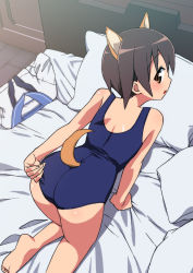 Rule 34 | 1girl, adjusting clothes, adjusting swimsuit, all fours, animal ears, ass, bad id, bad pixiv id, barefoot, bed, brown eyes, brown hair, cat ears, cat girl, cat tail, clothes on floor, female focus, looking back, miyafuji yoshika, one-piece swimsuit, pillow, school swimsuit, school uniform, short hair, solo, strike witches, swimsuit, tail, tonbi, world witches series