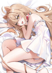 1girl absurdres ahoge animal_collar animal_ears anklet armpit_crease bare_shoulders barefoot bed_sheet blush brown_hair bu_leike cameltoe collar commentary crossed_bangs double-parted_bangs dress fangs frilled_dress frills hair_between_eyes halterneck highres indie_virtual_youtuber jewelry lion_ears lion_girl lion_tail long_hair looking_at_viewer lying on_side panties red_collar rurudo_lion rurudo_lion_(1st_costume) short_dress sleeveless sleeveless_dress solo tail tail_around_own_leg thighs tongue tongue_out underwear very_long_hair virtual_youtuber white_dress white_panties yellow_eyes