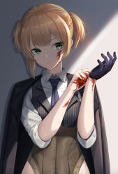 Rule 34 | 1girl, absurdres, blonde hair, blood, blood on arm, blood on face, blood on hands, blue necktie, braid, corset, cowboy shot, french braid, girls&#039; frontline, gloves, green eyes, highres, jacket, jacket on shoulders, k0a, looking to the side, necktie, pinstripe pattern, pinstripe vest, putting on gloves, short hair, short twintails, single glove, solo, striped clothes, striped vest, twintails, vest, welrod mkii (girls&#039; frontline)