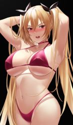 Rule 34 | 1girl, armpits, arms behind head, arms up, azur lane, bare arms, bare shoulders, bikini, black background, black ribbon, blonde hair, blush, breasts, commentary request, covered erect nipples, cowboy shot, hair between eyes, hair ribbon, highres, kameponde, large breasts, long hair, looking at viewer, navel, nelson (azur lane), nose blush, open mouth, red bikini, red eyes, ribbon, simple background, solo, standing, stomach, swimsuit, twintails, very long hair