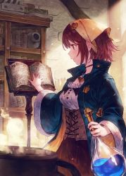 Rule 34 | 1girl, atelier (series), atelier sophie, benitama, blue coat, blush, boiling, book, book stand, bookshelf, breasts, brown hair, brown skirt, cauldron, closed mouth, coat, commentary request, corset, flask, frilled shirt collar, frills, hair ornament, head scarf, high collar, highres, holding, holding flask, indoors, jewelry, liquid, long sleeves, looking away, looking to the side, neck ring, necklace, open book, popped collar, profile, reading, red eyes, red hair, round-bottom flask, shirt, short hair, skirt, small breasts, smile, solo, sophie neuenmuller, standing, underbust, white shirt, wide sleeves