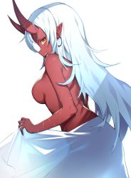 Rule 34 | 1girl, absurdres, akumi (yoclesh), bingsardina, blush, breasts, colored skin, commentary, cowboy shot, earrings, english commentary, from side, highres, horns, jewelry, large breasts, long hair, looking at viewer, nude, oni horns, open mouth, pointy ears, profile, red skin, scar, scar on arm, see-through, sideways glance, simple background, solo, standing, very long hair, virtual youtuber, vyugen, white background, yellow eyes