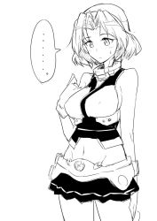 Rule 34 | ..., 10s, 1girl, azumi (girls und panzer), breasts, collar, commentary request, cosplay, crop top, female focus, girls und panzer, gloves, greyscale, halcon, hand on own chest, kantai collection, large breasts, midriff, miniskirt, monochrome, mutsu (kancolle), mutsu (kancolle) (cosplay), navel, parted bangs, short hair, sideboob, simple background, sketch, skirt, solo, spoken ellipsis, sweatdrop, translation request, white background