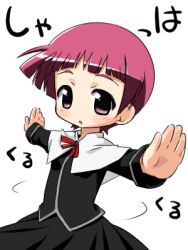 Rule 34 | 00s, 1girl, :o, black dress, blunt bangs, blush, chibi, dress, izuno kenta, long sleeves, looking at viewer, lowres, lyrical nanoha, mahou shoujo lyrical nanoha, mahou shoujo lyrical nanoha strikers, open hands, outstretched arms, parted lips, purple eyes, red hair, schach nouera, simple background, solo, white background, wrists extended