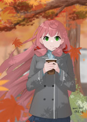 Rule 34 | absurdres, akashi (kancolle), autumn leaves, blue skirt, blunt tresses, coat, commentary request, cup, dappled sunlight, disposable cup, green eyes, grey coat, hair ribbon, hamukiyo, highres, kantai collection, long hair, long sleeves, looking at viewer, pink hair, ribbon, skirt, sunlight, tress ribbon