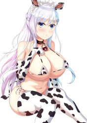 Rule 34 | 1girl, animal ears, animal print, azur lane, belfast (azur lane), bell, bikini, blue eyes, breasts, cow ears, cow girl, cow print, cow print bikini, cow tail, cowbell, elbow gloves, fake animal ears, feet out of frame, gloves, gradient hair, hand on own chest, highres, huge breasts, jelilianamiku, light purple hair, looking at viewer, micro bikini, multicolored hair, print bikini, side-tie bikini bottom, simple background, sitting, solo, swimsuit, tail, thighhighs, white background
