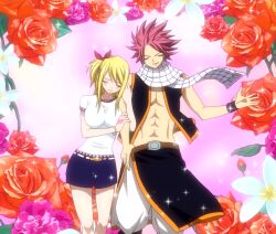 Rule 34 | 1boy, 1girl, abs, arm hug, blonde hair, blush, breasts, closed eyes, couple, fairy tail, flower, large breasts, legs, lucy heartfilia, natsu dragneel, pants, pink hair, pointy hair, rose, shirt, short hair, side ponytail, skirt, smile, stitched, thighs, third-party edit