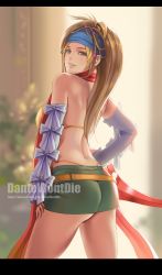 Rule 34 | 1girl, artist name, ass, bandana, beads, bikini, bikini top only, braid, breasts, dantewontdie, detached sleeves, final fantasy, final fantasy x, final fantasy x-2, green eyes, hand on own hip, highres, looking at viewer, looking back, medium breasts, miniskirt, parted lips, piercing, red scarf, rikku (ff10), scarf, skirt, smile, solo, square enix, swimsuit, thong, yellow bikini