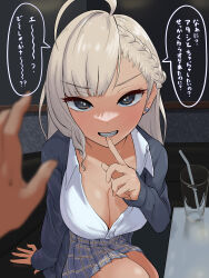 Rule 34 | 1girl, absurdres, ahoge, asymmetrical bangs, blonde hair, braid, braided bangs, breasts, cardigan, cleavage, collared shirt, cup, drinking glass, drinking straw, earrings, finger to mouth, grey cardigan, grey eyes, grin, gyaru, highres, jewelry, kogal, large breasts, long hair, looking at viewer, open cardigan, open clothes, original, pleated skirt, pov, pov hands, school uniform, shirt, sitting, skirt, smile, solo focus, speech bubble, stud earrings, symbol in eye, tsurumi kazane, white shirt