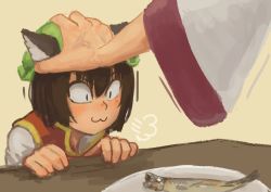 Rule 34 | 2girls, :3, puff of air, absurdres, anger vein, animal ears, blush, brown eyes, brown hair, cat ears, chanta (ayatakaoisii), chen, fish, food, green headwear, grey background, hat, highres, long sleeves, multiple girls, nose blush, out of frame, plate, red vest, restrained, shirt, simple background, slit pupils, smile, table, touhou, vest, white shirt, wide sleeves, yakumo ran