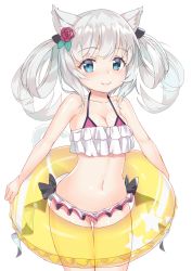 Rule 34 | 1girl, absurdres, animal ears, azur lane, bad id, bad pixiv id, bare arms, bare shoulders, bikini, black ribbon, blue eyes, blush, bow, breasts, cat ears, chinpan, cleavage, collarbone, commentary request, flower, hair bow, hair flower, hair ornament, hammann (azur lane), hammann (rebellious summer) (azur lane), highres, holding, holding swim ring, innertube, long hair, looking at viewer, medium breasts, navel, red flower, ribbon, silver hair, simple background, smile, solo, swim ring, swimsuit, very long hair, white background