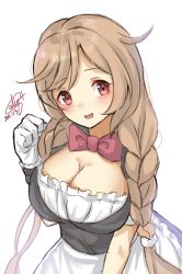 Rule 34 | 1girl, alternate costume, apron, black skirt, braid, breasts, calin, cleavage, cloud hair ornament, commentary request, dated, frilled apron, frilled shirt, frills, gradient hair, highres, kantai collection, large breasts, light brown hair, long hair, looking at viewer, minegumo (kancolle), multicolored hair, one-hour drawing challenge, red eyes, signature, simple background, skirt, solo, twin braids, waist apron, white background