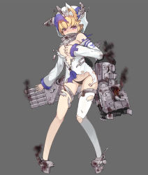 Rule 34 | 1girl, animal ears, black panties, blonde hair, blush, breasts, collar, covering privates, covering breasts, damaged, fletcher (warship girls r), fox ears, full body, gluteal fold, grey background, hood, hoodie, looking at viewer, machinery, no bra, panties, purple eyes, robot ears, short hair, single thighhigh, smoke, solo, standing, stmast, tears, thigh strap, thighhighs, torn clothes, torn thighhighs, underwear, warship girls r