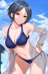 Rule 34 | 1girl, armpits, bare shoulders, bikini, black hair, blue bikini, blue sky, bracelet, breasts, cleavage, closed mouth, cloud, collarbone, commentary request, cowboy shot, day, earrings, eyebrows hidden by hair, hand on own hip, hayami kanade, highres, idolmaster, idolmaster cinderella girls, jacket, jewelry, large breasts, layered bikini, looking at viewer, midriff, navel, off shoulder, outdoors, parted bangs, see-through, short hair, shougun (chuckni1), side-tie bikini bottom, sidelocks, signature, sky, smile, solo, standing, swimsuit, yellow eyes