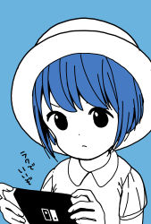 Rule 34 | 1girl, aoyama kotoha (mitsuboshi colors), blue background, blue hair, blue theme, closed mouth, commentary request, eyebrows hidden by hair, handheld game console, hat, highres, holding, holding handheld game console, katsuwo (cr66g), looking at viewer, mitsuboshi colors, nintendo switch, partially colored, pouty lips, short hair, short sleeves, simple background, solo, translation request, upper body