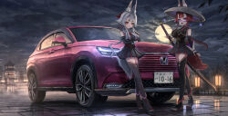 Rule 34 | 2girls, absurdres, architecture, black dress, black gloves, black thighhighs, car, cloud, cloudy sky, commission, crossed arms, dress, east asian architecture, elbow gloves, full moon, gloves, grey hair, highres, holding, holding sword, holding weapon, honda, honda vezel, license plate, looking at viewer, moon, motor vehicle, multiple girls, night, night sky, original, outdoors, purple eyes, red eyes, red hair, sandals, shiyo tsubame, sky, sports utility vehicle, standing, sword, thighhighs, vehicle focus, weapon