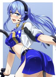 Rule 34 | 1girl, akito (sub707), bandeau, blue background, blue bandeau, blue eyes, blue hair, blue skirt, blush, commentary request, eel, gotland (kancolle), hair between eyes, headset, highres, kantai collection, long hair, looking at viewer, midriff, mole, mole under eye, official alternate costume, open mouth, ponytail, race queen, sidelocks, simple background, skirt, solo