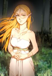 Rule 34 | 1girl, bare shoulders, blonde hair, bracelet, breasts, cleavage, closed mouth, collarbone, cowboy shot, dress, frown, grass, green eyes, hair behind ear, highres, interlocked fingers, jewelry, long hair, medium breasts, neck, necklace, nintendo, outdoors, own hands together, pointy ears, princess zelda, psp26958748, solo, standing, strapless, strapless dress, the legend of zelda, the legend of zelda: breath of the wild, white dress