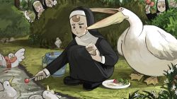 Rule 34 | 4girls, bird, blonde hair, blue eyes, bread, broccoli, brown eyes, brown hair, bucket, bush, closed eyes, clumsy nun (diva), commentary, diva (hyxpk), duck, eating, empty eyes, english commentary, feathers, feeding, flower, foaming at the mouth, food, food on face, fork, frog, froggy nun (diva), glasses, glasses nun (diva), grass, habit, hand on another&#039;s head, hiding, highres, holding, holding food, holding fork, hole, ladle, little nuns (diva), loaf of bread, mallet, mouth hold, multiple girls, note, nun, object on head, open mouth, original, ostrich, outdoors, panicking, pelican, plate, pond, praying, rosary, scar, scared, scarf, shaded face, sign, sitting, spicy nun (diva), spread wings, swimming, tears, terrarium, tomato, traditional nun, tree, triangle mouth, twig, wading, wet, white flower, yellow eyes