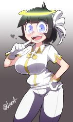 Rule 34 | 1girl, angel, azazel (helltaker), blue eyes, blush, gloves, halo, hand on own chin, hand on own hip, helltaker, highres, looking at viewer, open mouth, pants, shirt, usa (dai9c carnival), white gloves, white pants, white shirt