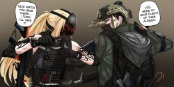 Rule 34 | 1boy, 1girl, aa-12, absurdres, arm tattoo, assault rifle, backpack, bag, battle, black gloves, black hair, blonde hair, blood, blood on clothes, blood on face, combat helmet, commentary, commission, elbow pads, english commentary, english text, foregrip, gas mask, gloves, green eyes, gun, hands up, helmet, highres, holding, holding knife, hood, hood down, hooded jacket, jacket, knife, long hair, looking at another, m4 carbine, magazine (weapon), mask, matsu arts, mouth mask, night vision device, original, bulletproof vest, ponytail, red eyes, rifle, scar, shirt, short hair, shotgun, shotgun shell, speech bubble, tattoo, tom clancy&#039;s the division, upper body, watch, weapon, white shirt, wristwatch
