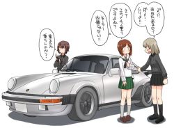 Rule 34 | 10s, 3girls, alternate legwear, black footwear, black gloves, black legwear, black neckerchief, black skirt, blouse, brown footwear, brown hair, car, closed mouth, commentary request, dress shirt, fingerless gloves, frown, girls und panzer, gloves, green skirt, grey shirt, itsumi erika, jitome, kuromorimine school uniform, loafers, long hair, long sleeves, looking at another, miniskirt, motor vehicle, multiple girls, neckerchief, nishizumi maho, nishizumi miho, ooarai school uniform, open mouth, pleated skirt, porsche 911, porsche 930, porsche 930 turbo, school uniform, serafuku, shadow, shirt, shoes, short hair, siblings, silver hair, simple background, sisters, skirt, socks, standing, uona telepin, vehicle focus, white background, white shirt, | |